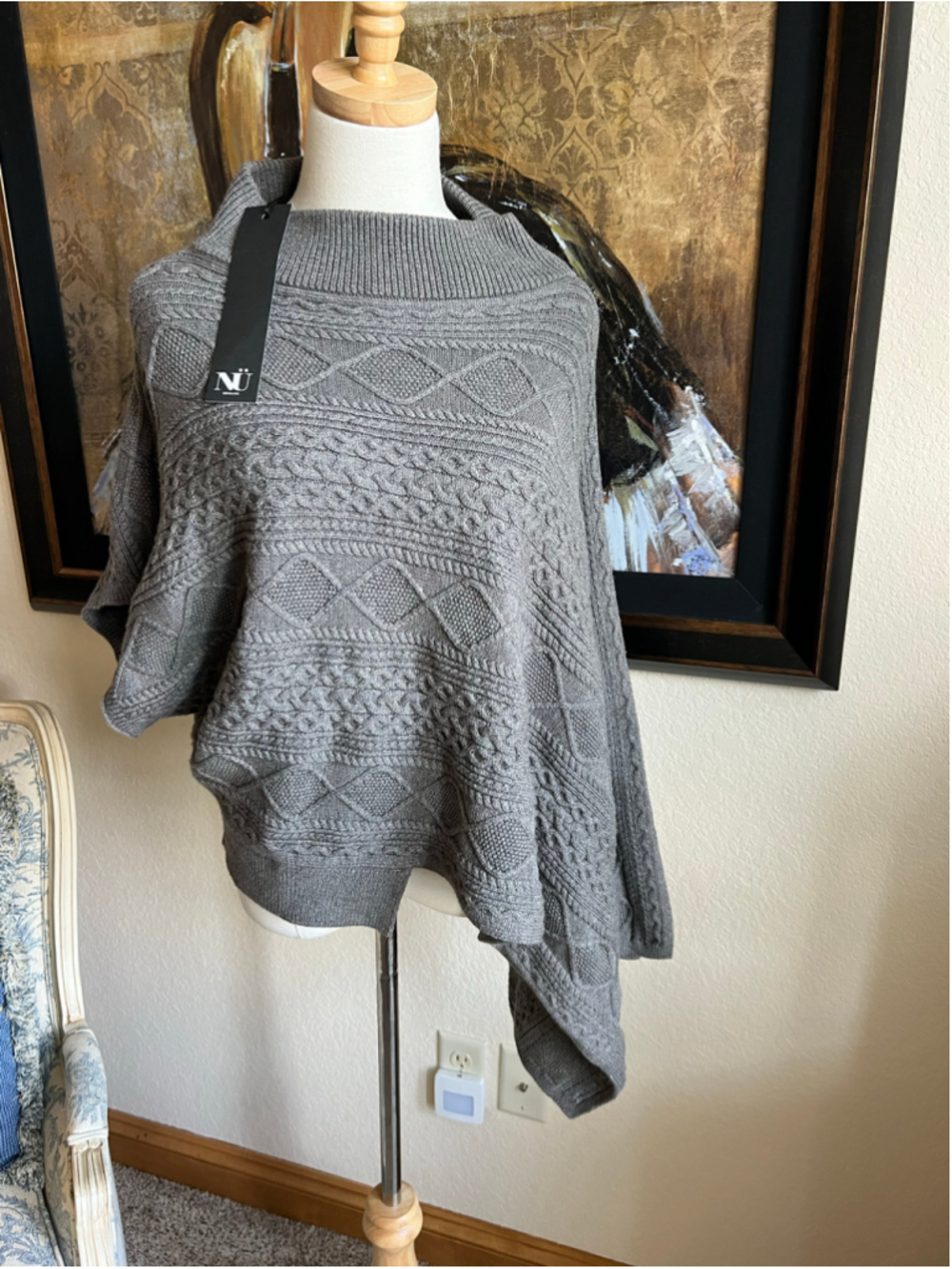 NÜ Denmark Cable Knit Poncho Sweater Grey Size M